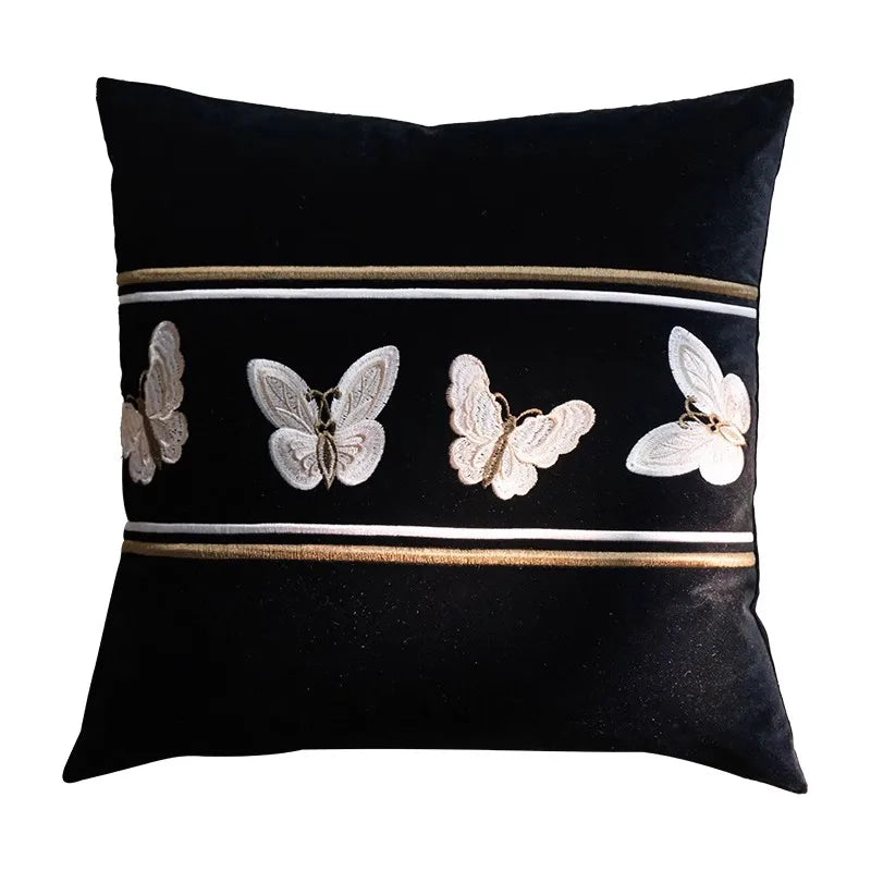 DecorBites™ French Night Velvet Throw Pillow Case with Embroidered Butterflies