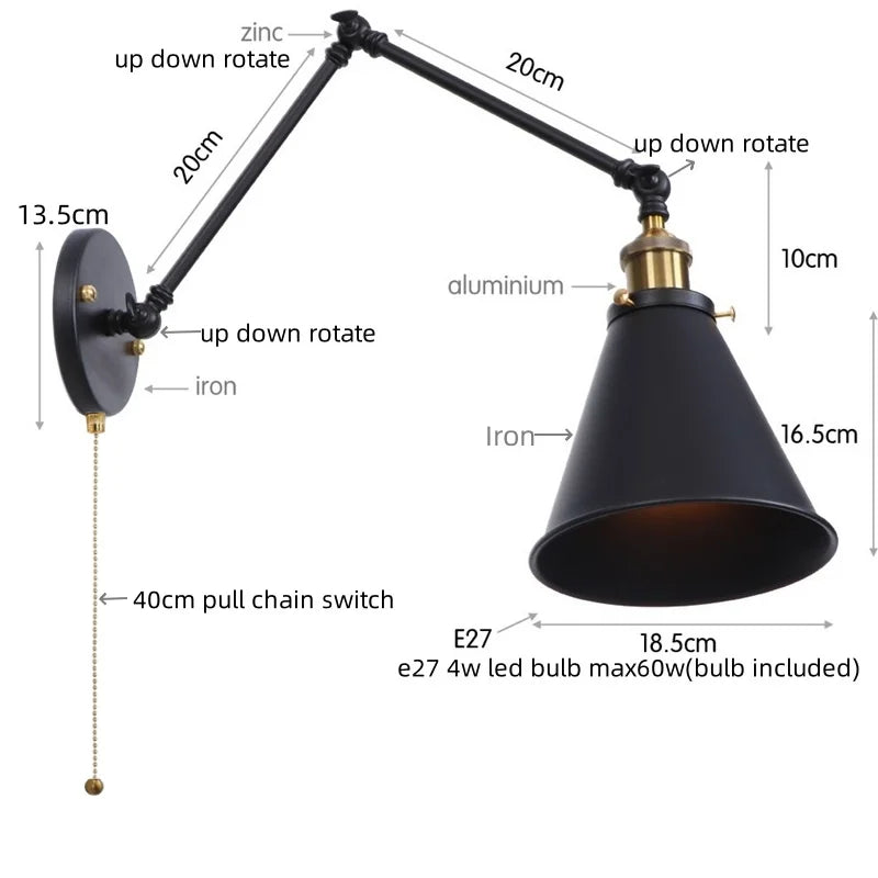 مصباح حائط DecorBites™ LED بذراع طويل مع مفتاح سحب لسلسلة للمنزل والفندق والحمام