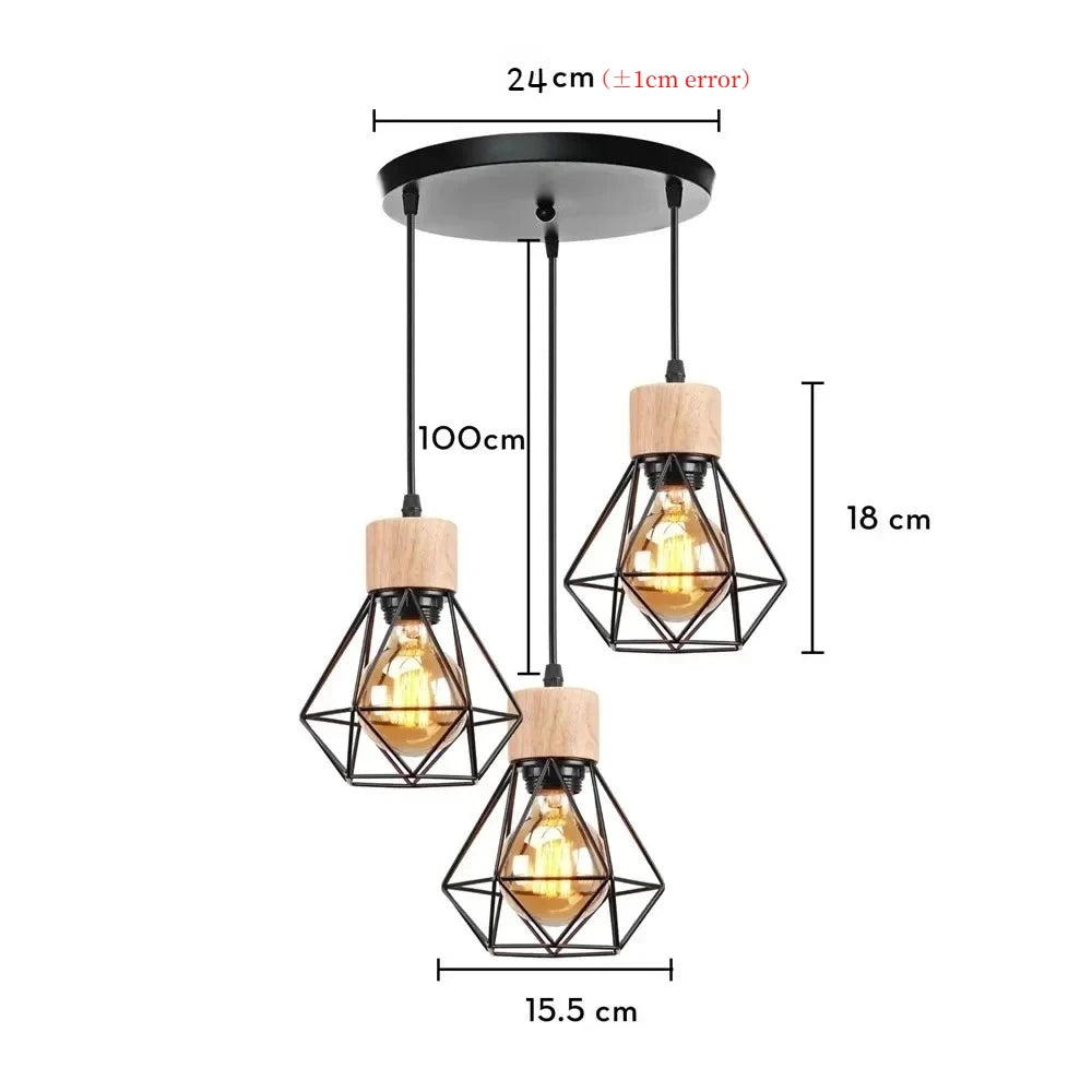 Vintage Black Wood and Iron Cage Pendant Light