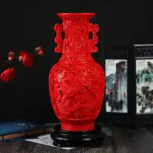 DecorBites™ 10-inch Red Lacquerware Flower Auspicious Vase