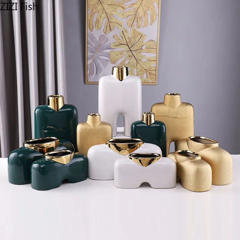 ديكور فازة سيراميك ذهبية DecorBites™ للمكتب، فازة غرف أنيقة بتصميم زهور صناعية