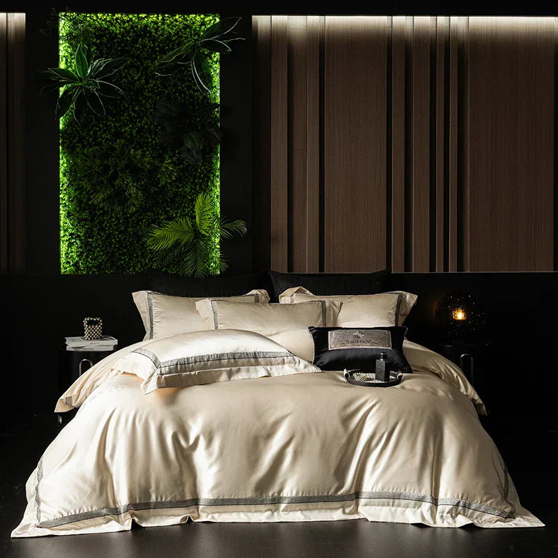 طقم مفرش سرير شامبين فاخر DecorBites™ من قطن مصري حريري - مقاس كوين وكينج
