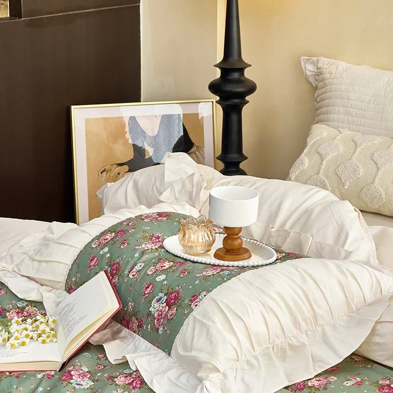DecorBites™ French Flowers Lace Ruffles Cotton Bedding Set with Duvet Cover, Bed Skirt, and Pillowcases
