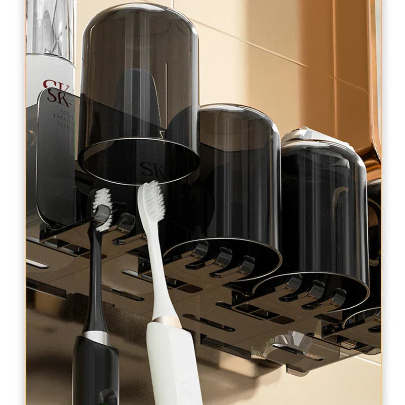 DecorBites™ Support de Brosse à Dents Inversé avec Distributeur de Dentifrice Automatique et Rangement de Maquillage