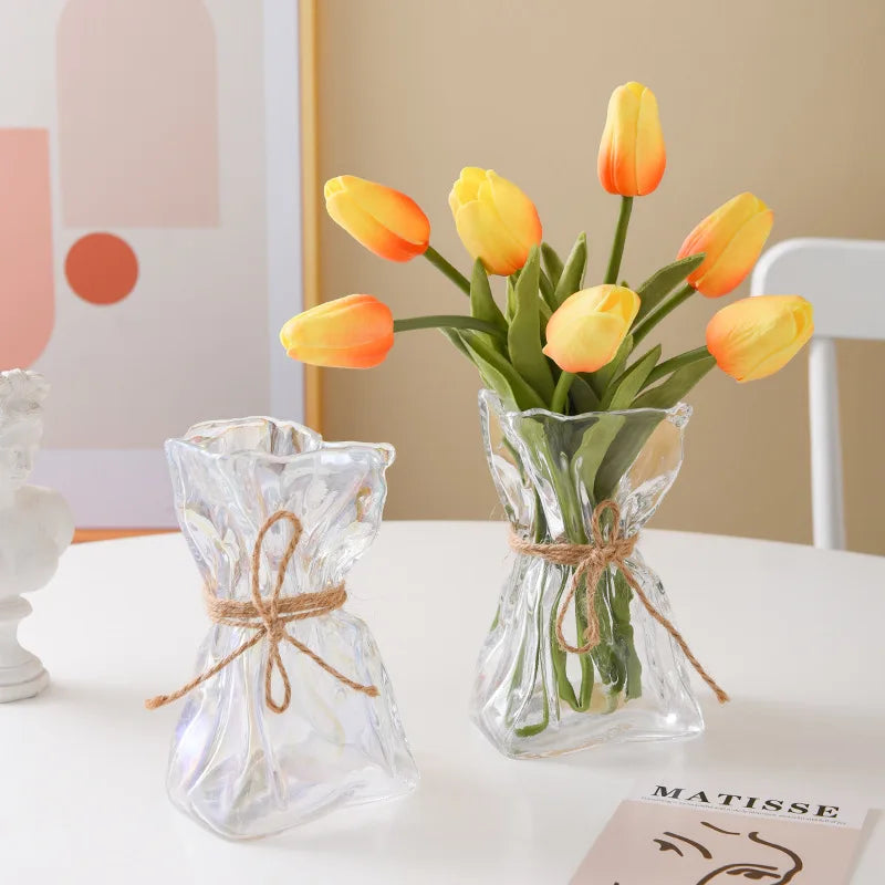 DecorBites™ مزهرية زجاجية شفافة مطوية بشكل غير منتظم، زينة يدوية، مزهريات زهور مائية