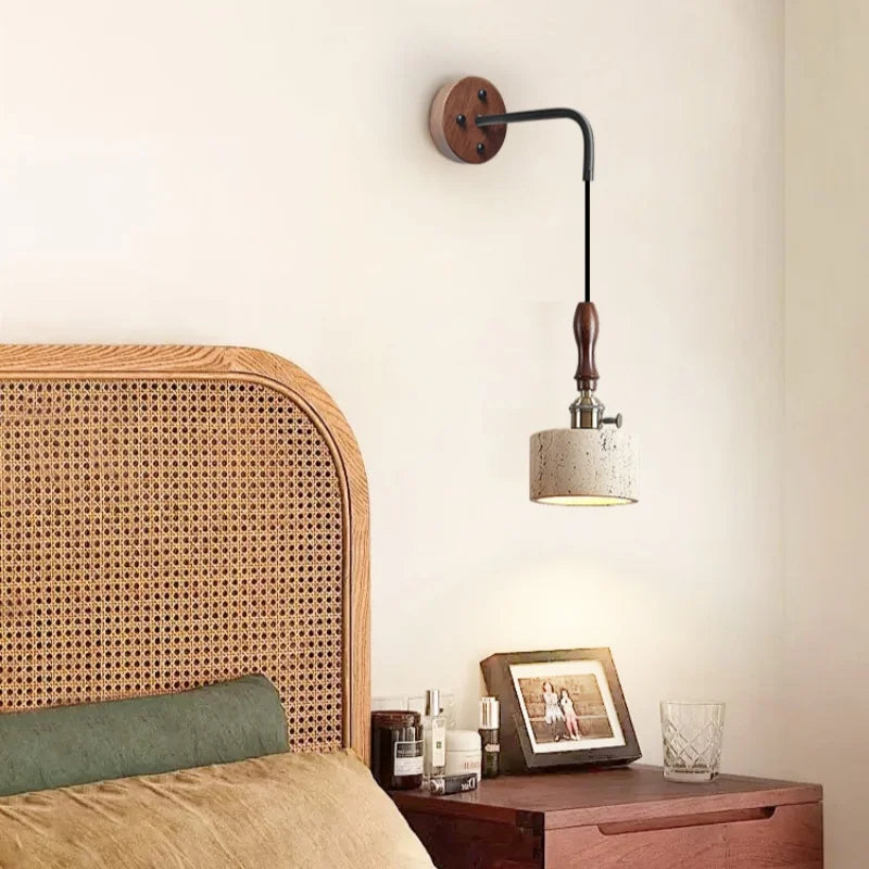 DecorBites™ Copper Wood LED Wall Sconce Yellow Travertine Stone Bedside Light