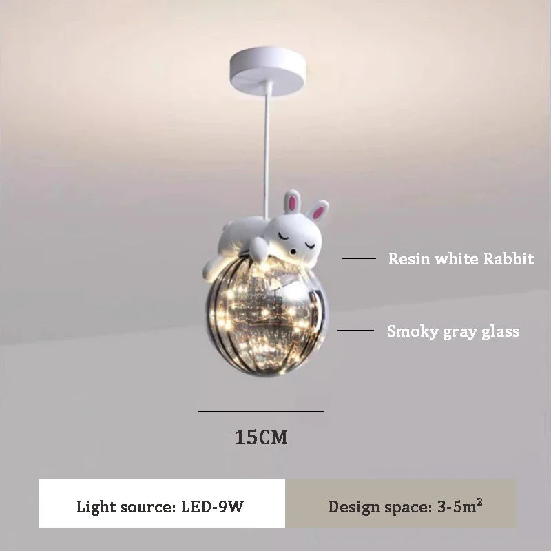 ثريات غرف الأطفال LED من DecorBites™ بتصميم دب أبيض وأرنب، مصباح معلق زجاجي لجانب السرير