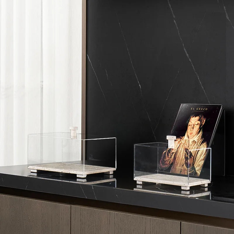 Acrylic Display Case on Travertine Base by DecorBites™ for Collectibles, Figurines, Desserts