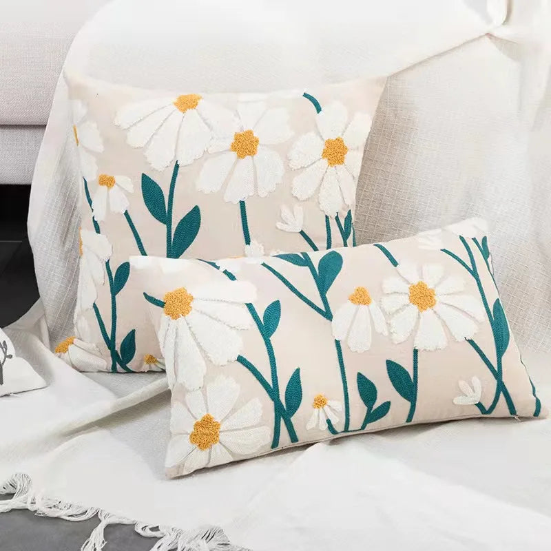 DecorBites™ غطاء وسادة بتطريز هندسي بنقشة زهور الأقحوان أصفر أزرق 45x45 سم ناعم ومريح