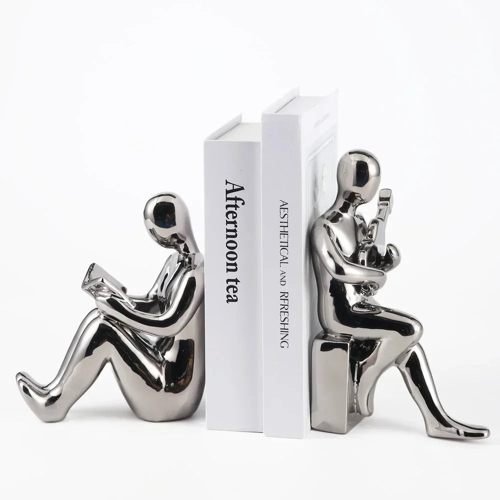 DecorBites™ Abstract Nordic Style Ceramic Character Bookends Set for Office Bookcase Decor
