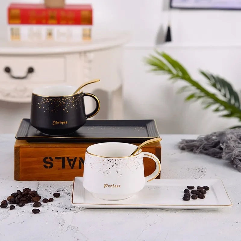 250ml DecorBites™ Ceramic Coffee Cup Set with Tray, Spoon - European Style Porcelain Mugs