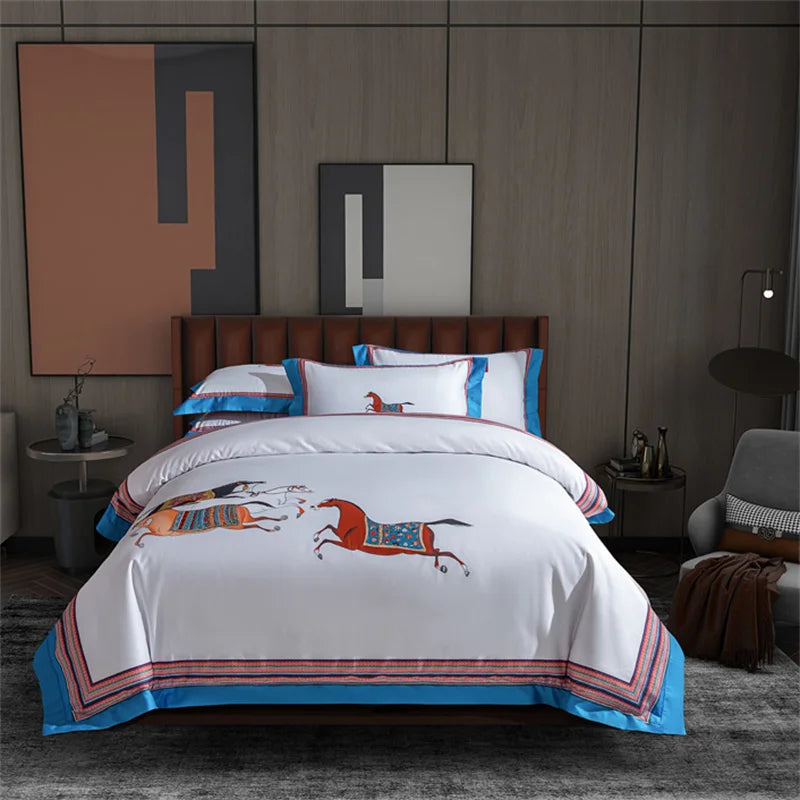 DecorBites™ Galloping Horse 1000TC Egyptian Cotton Bedding Set: Duvet, Sheet, Pillowcases - Soft & Comfy