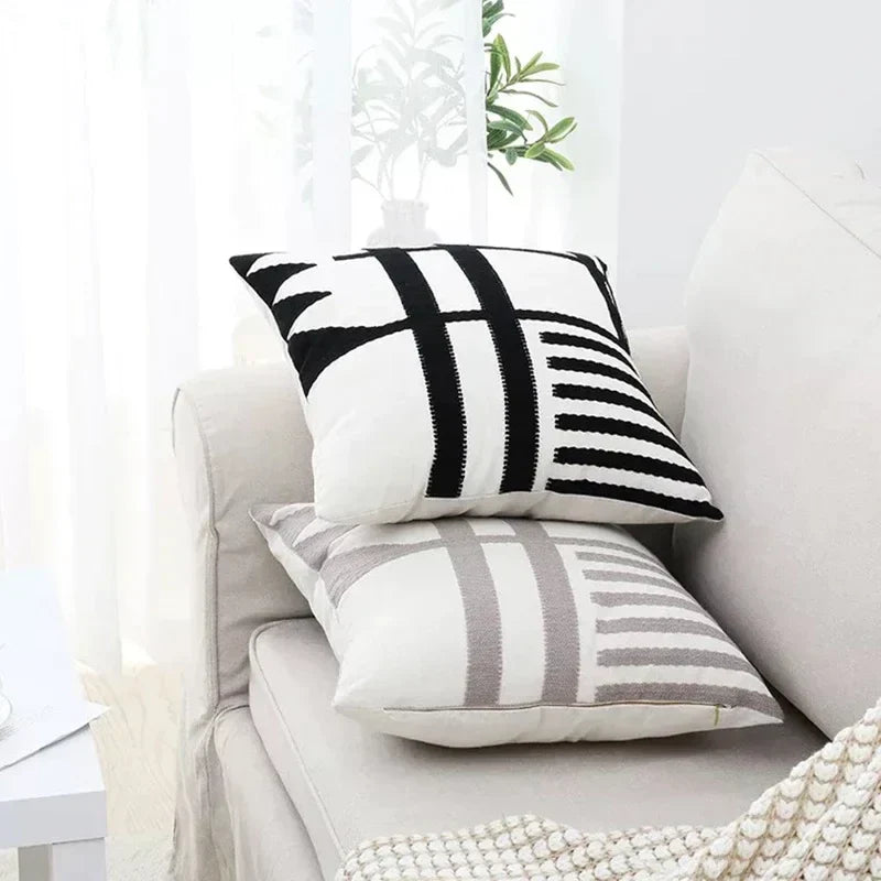 DecorBites™ Embroidered Burlap Cushion Cover | Black White Gray Pillow Cover 45x45cm