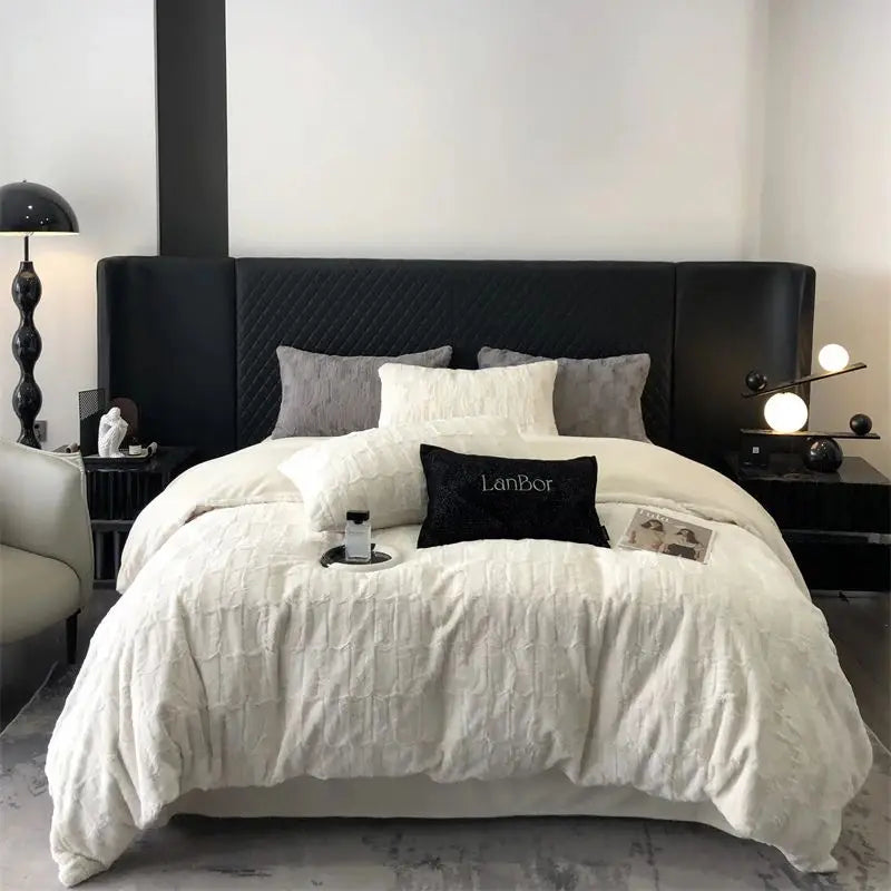 DecorBites™ Cozy Faux Rabbit Fur Bedding Set in Black & Grey: Duvet, Sheets, Pillowcases