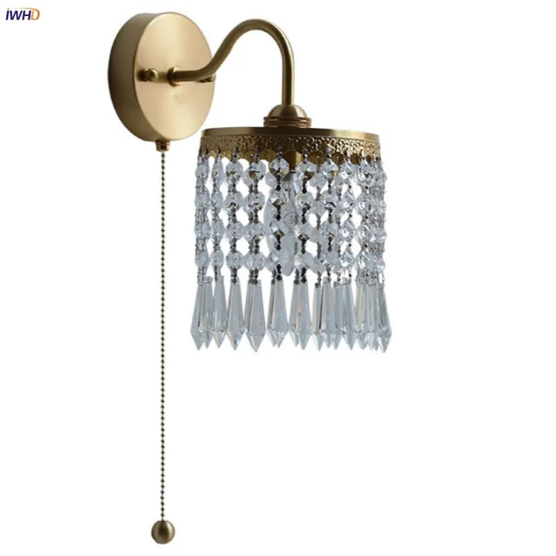 DecorBites™ Crystal LED Wall Sconce Brass Mirror Light Modern Nordic Pull Chain Switch