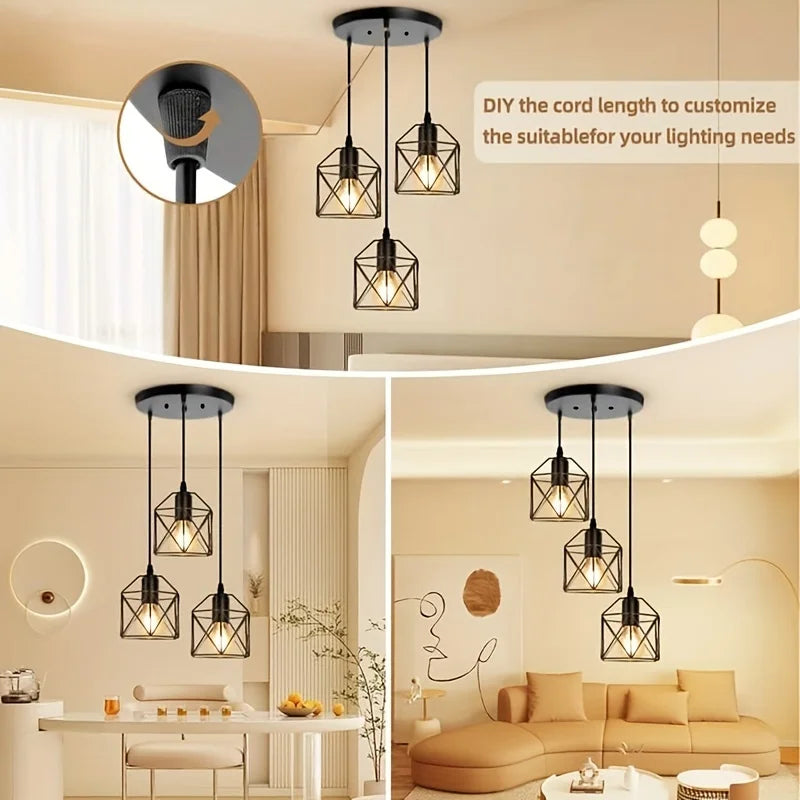 Vintage 3-Light Black Metal Pendant Chandelier