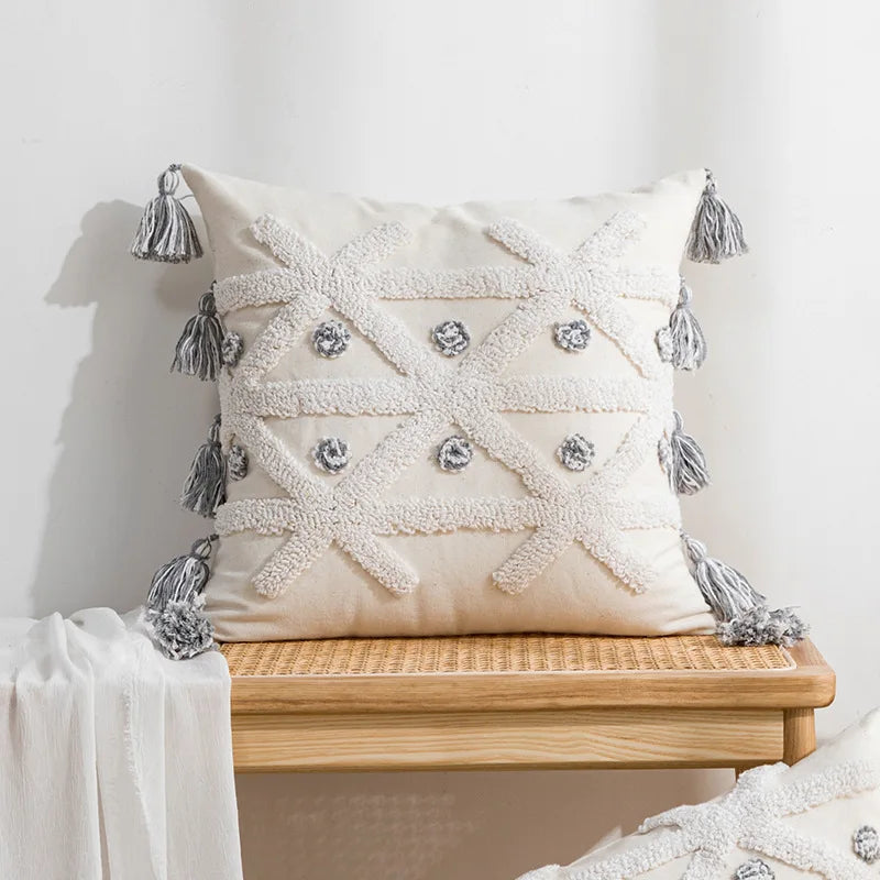 DecorBites™ Geometric Embroidered Cushion Cover with Tufted Tassels for Sofa and Bedroom