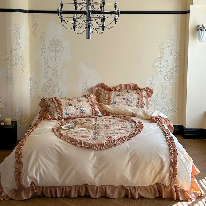 DecorBites™ 100% Cotton French Print Lace Ruffles Bedding Set - 4 Piece Bed Sets
