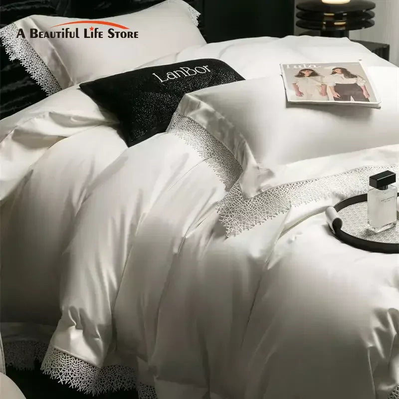 DecorBites™ French Lace Edge Bedding Set, 1000TC Egyptian Cotton, Queen King, Duvet, Sheet, Pillowcases