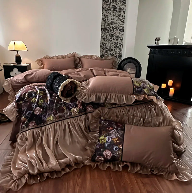 DecorBites™ French Organza Lace Ruffles Bedding Set, Egyptian Cotton Duvet, Sheets & Pillowcases