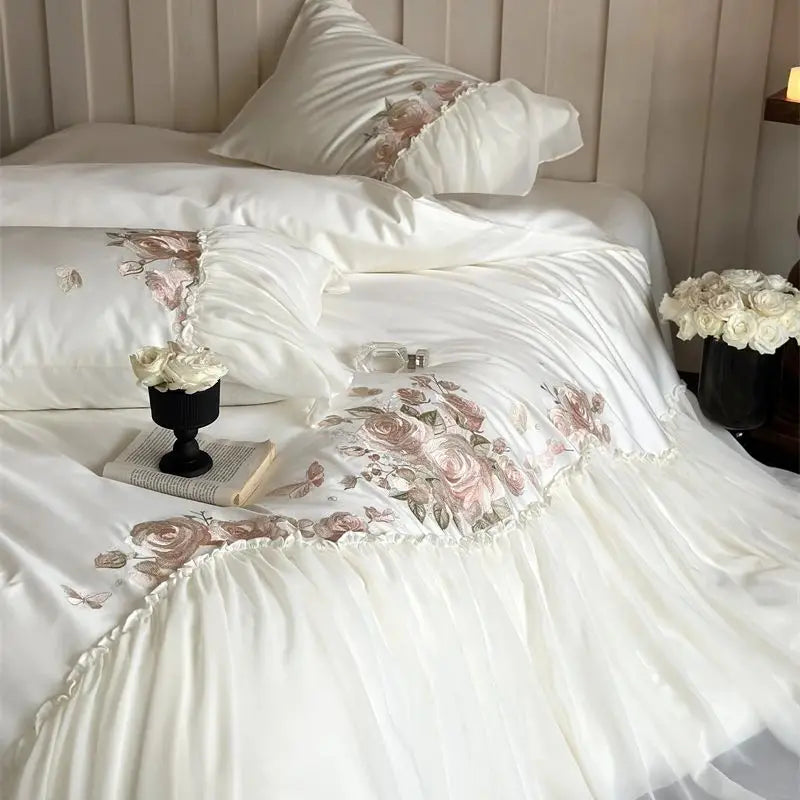 DecorBites™ Luxe Lace Ruffles Wedding Bedding Set Flowers Embroidery Duvet Sheet Pillowcase