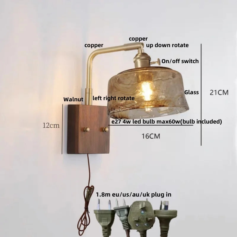 DecorBites™ LED Wall Light Walnut Wood Rotate Copper Bedside Lamp