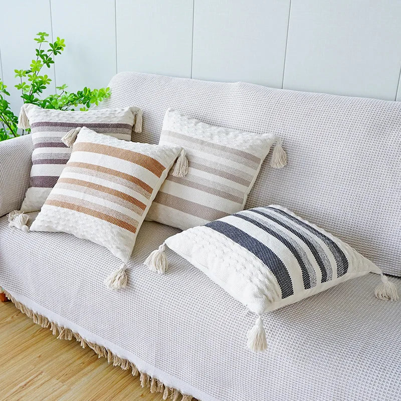 DecorBites™ Ivory Brown Coffee Black Stripe Pillow Case with Tassels 45x45cm 30x50cm 50x50cm