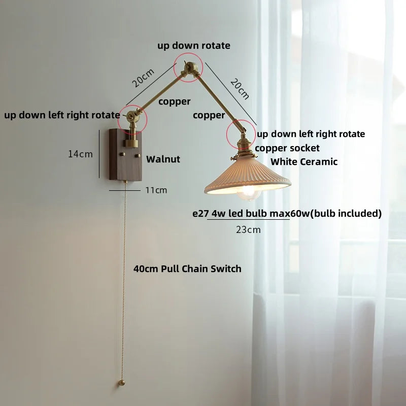 DecorBites™ Ceramic LED Wall Light Rotatable Walnut Bedside Lamp