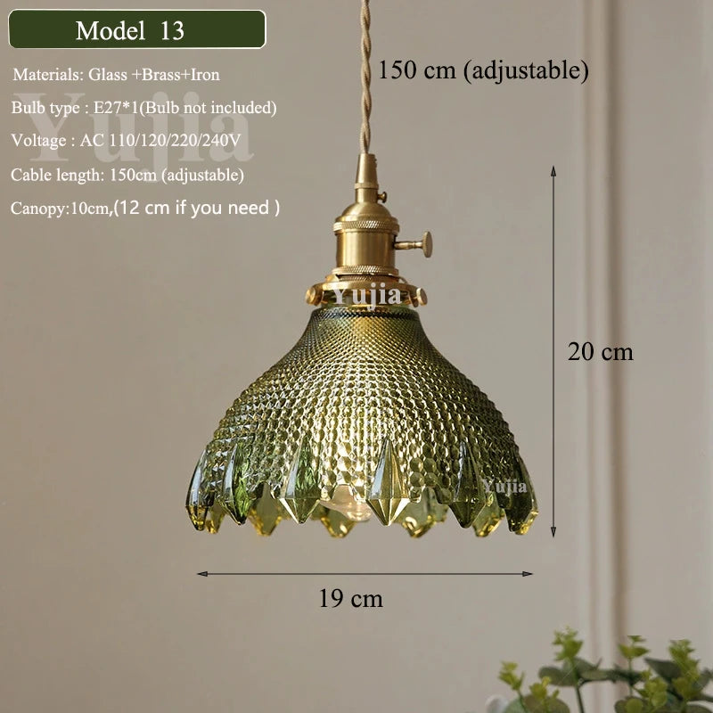 Vintage Green Glass Pendant Light With Brass Finish