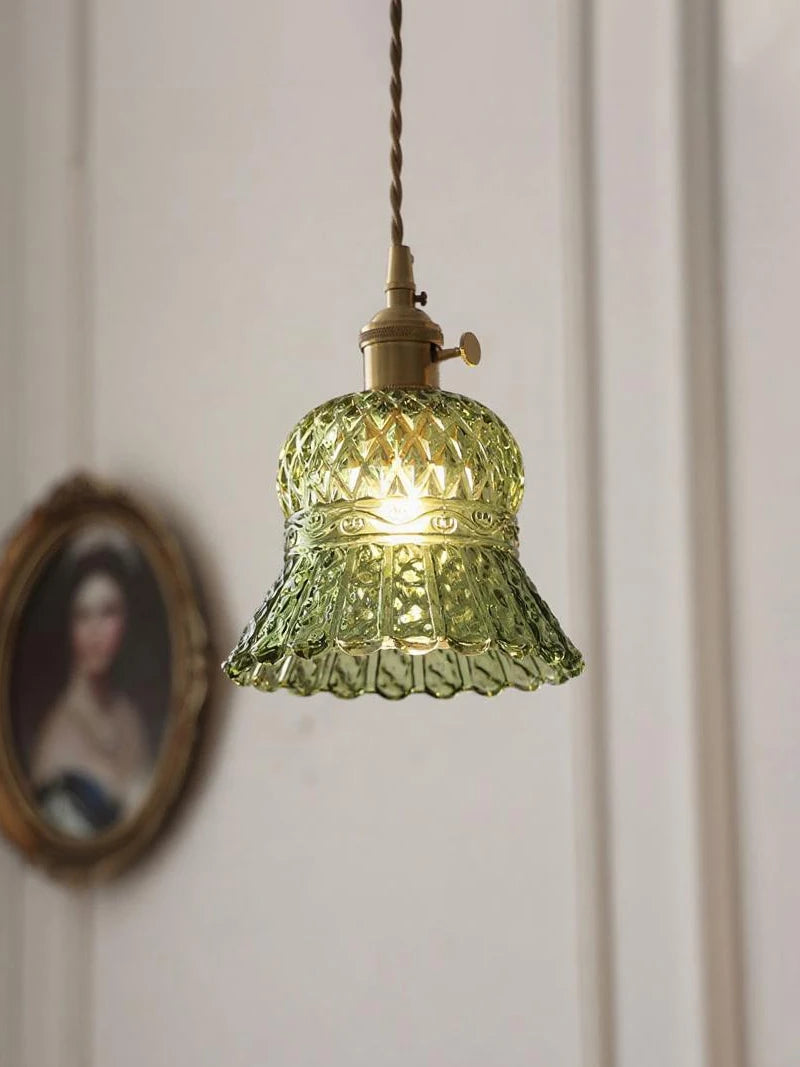 Vintage Green Glass Pendant Light With Brass Finish