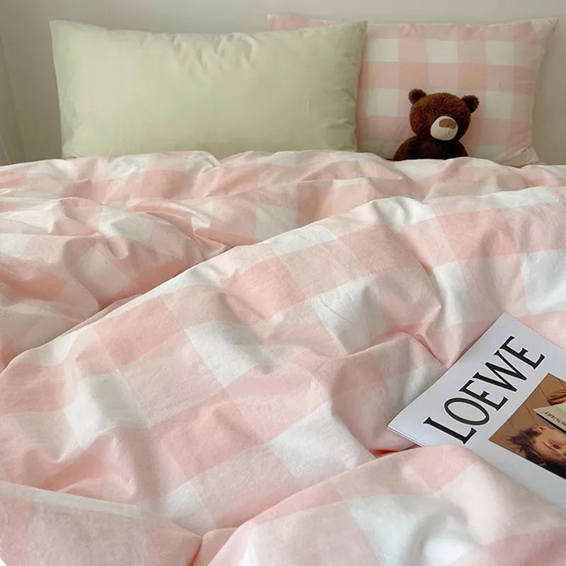 DecorBites™ Cozy Cotton Grid Bedding Sets for Student Dorms - Queen/King Bedclothes