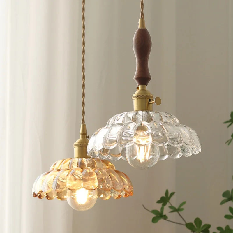 DecorBites™ Amber Glass Walnut Wood LED Pendant Lamp with Copper Knob Switch