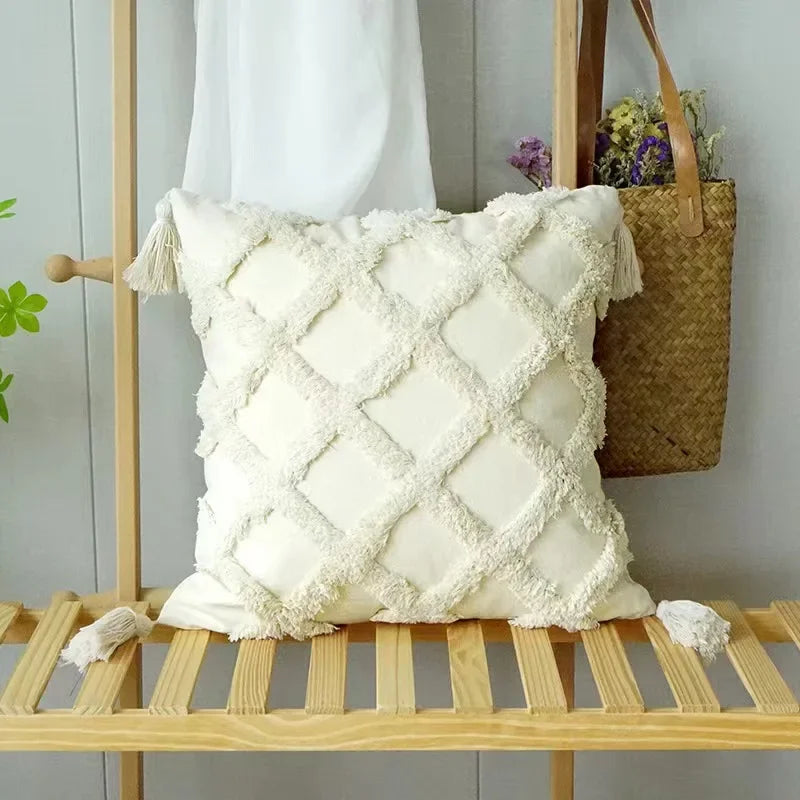 DecorBites™ Geometric Waves Tufted Pillow Covers with Embroidered Tassels