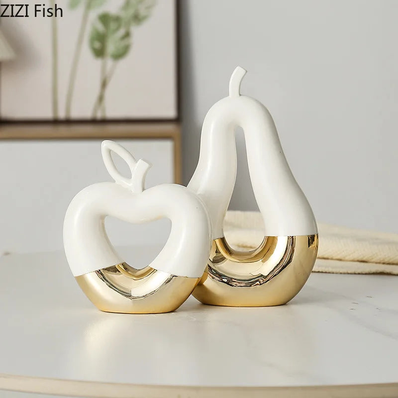 تماثيل كمثرى التفاح الذهبي من DecorBites™، زينة سيراميك لتزيين المكاتب، منحوتات حرفية عصرية