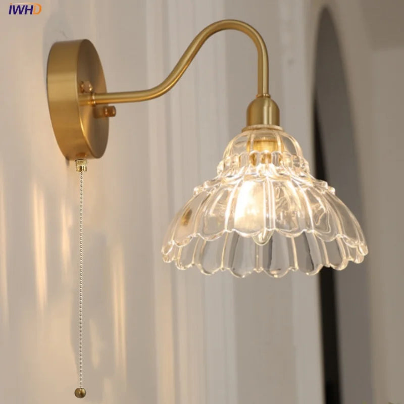 DecorBites™ Brass LED Wall Sconce Clear Glass Pull Chain Switch Modern Vanity Light