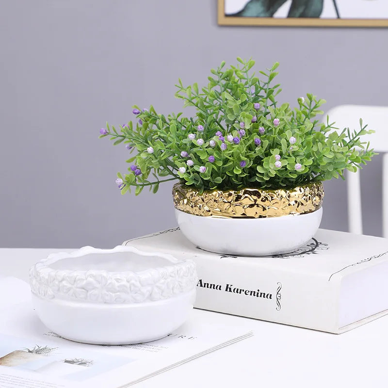 DecorBites™ مزهرية حوض زرع نباتات عصارية بحواف ذهبية - حوض زرع داخلي من السيراميك