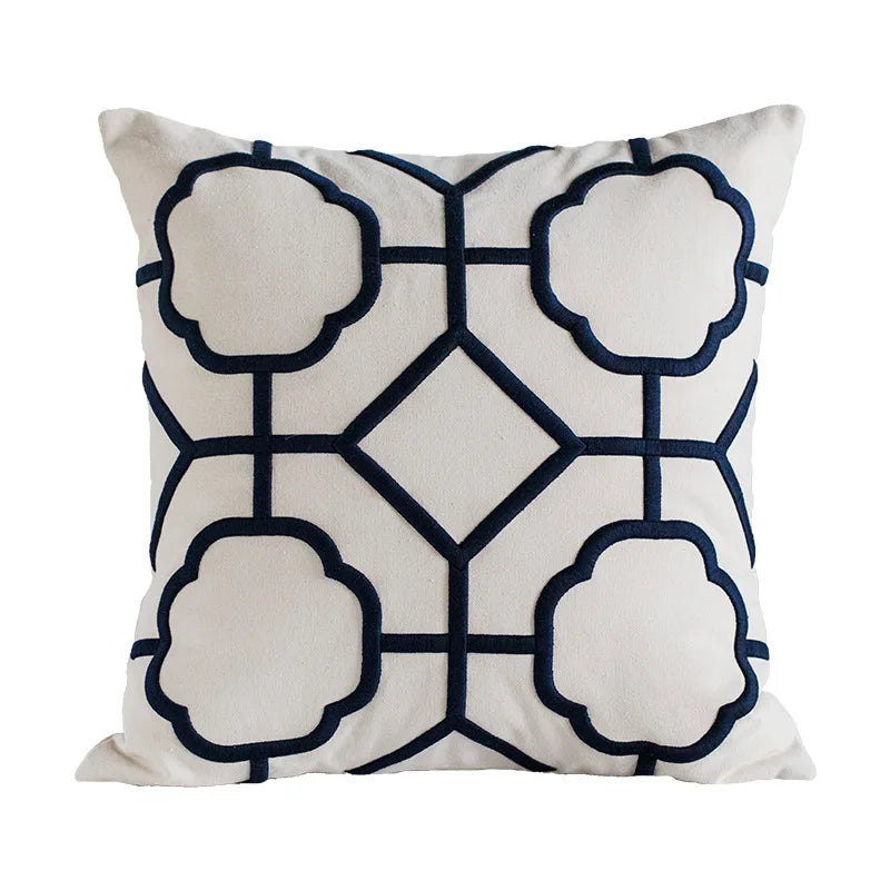 DecorBites™ Geometric Embroidery Cushion Cover Navy Blue White Yellow 50x50cm Home Decor Pillow