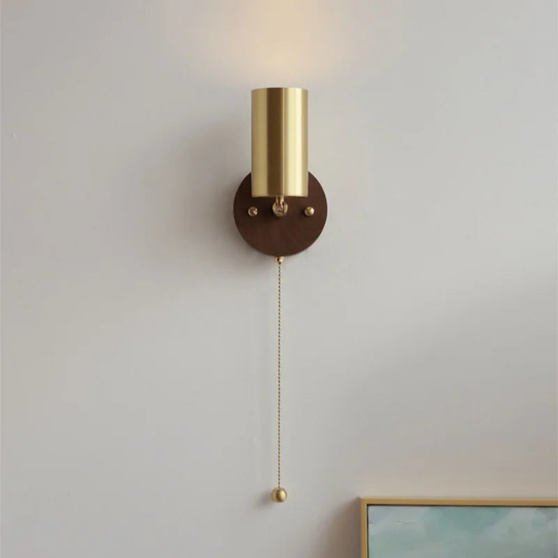 DecorBites™ Copper Lampshade LED Wall Sconce Pull Chain Switch Nordic Modern Walnut Wood Mirror Light