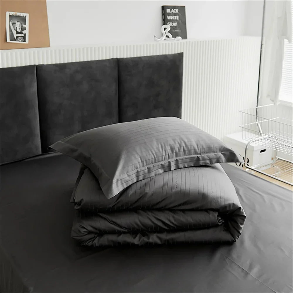 DecorBites™ Grey Lines Stripes Duvet Cover Set Cotton Satin Jacquard Queen King Size