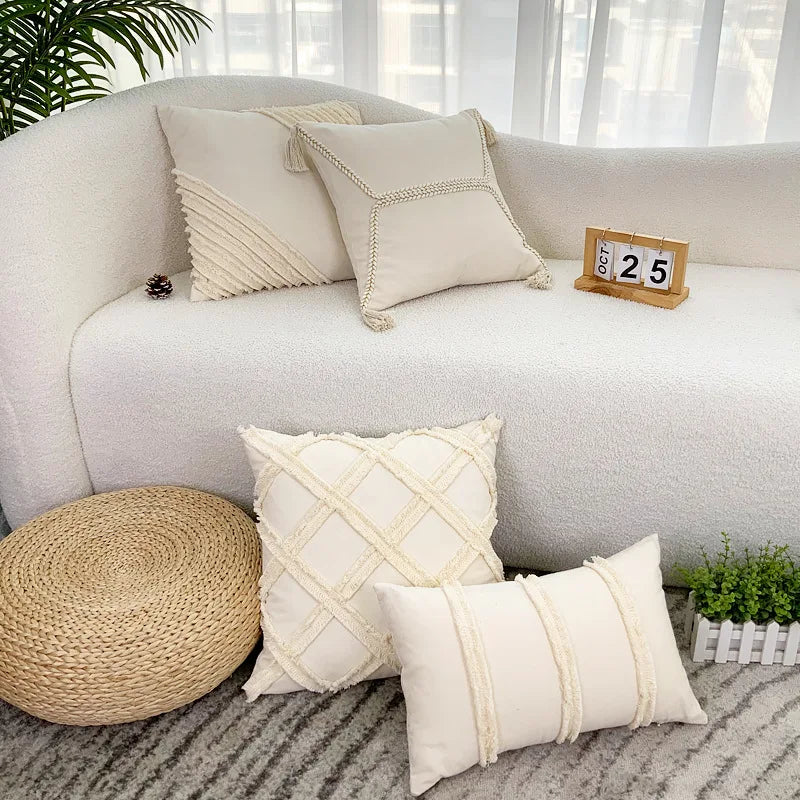 DecorBites™ Fringed Geometry Embroidered Cushion Cover Patchwork Pillowcase for Living Room
