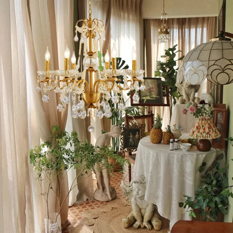 ثريا كريستال ذهبية نحاسية من DecorBites™ - أضواء شموع فاخرة لغرفة معيشة الفيلا