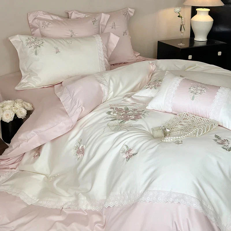 DecorBites™ Flowers Embroidery Lace Princess Bedding Set 1000TC Egyptian Cotton Duvet Cover Set