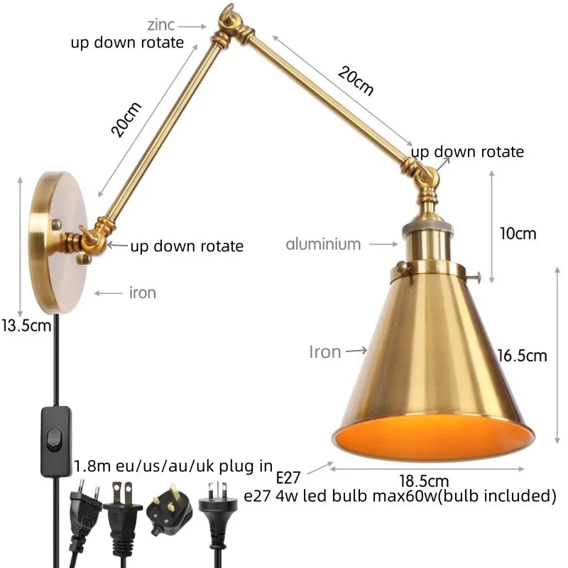 مصباح حائط DecorBites™ LED بذراع طويل مع مفتاح سحب لسلسلة للمنزل والفندق والحمام