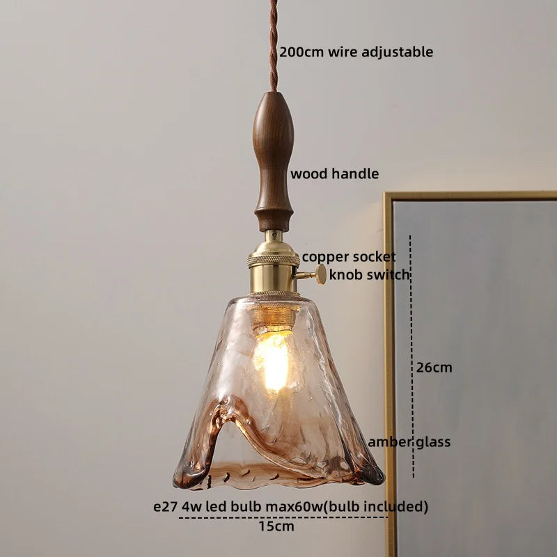 مصباح معلق LED من الزجاج الأخضر DecorBites™ بمفتاح مقبض، ثريا نحاسية