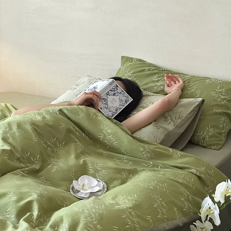 Parure de lit jacquard feuilles de bambou DecorBites™ : Douce et confortable, 100 % coton, verte, pour adultes et enfants.