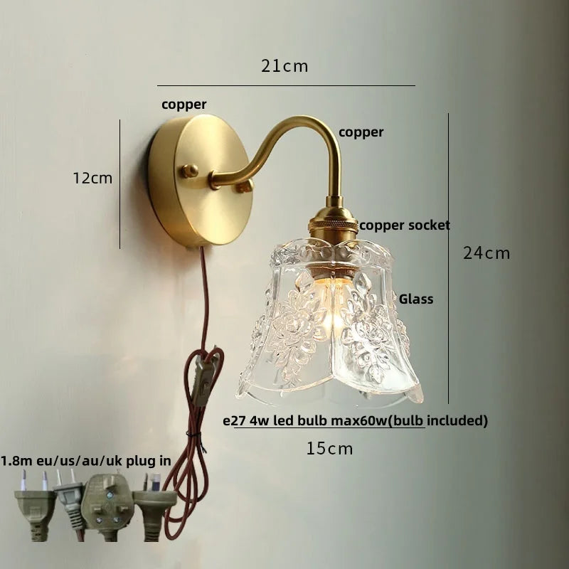 DecorBites™ Clear Glass LED Wall Sconce Pull Chain Switch Modern Copper Bedside Lamp