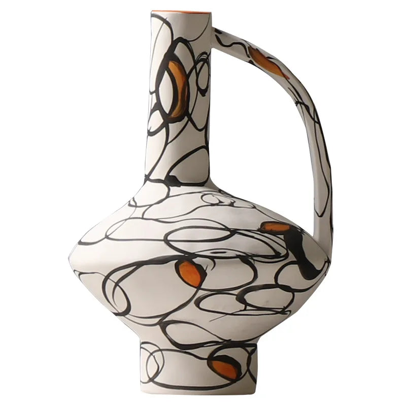 DecorBites™ Geometric Graffiti Ceramic Vase with Handles for Home Decor and Floral Arrangements.