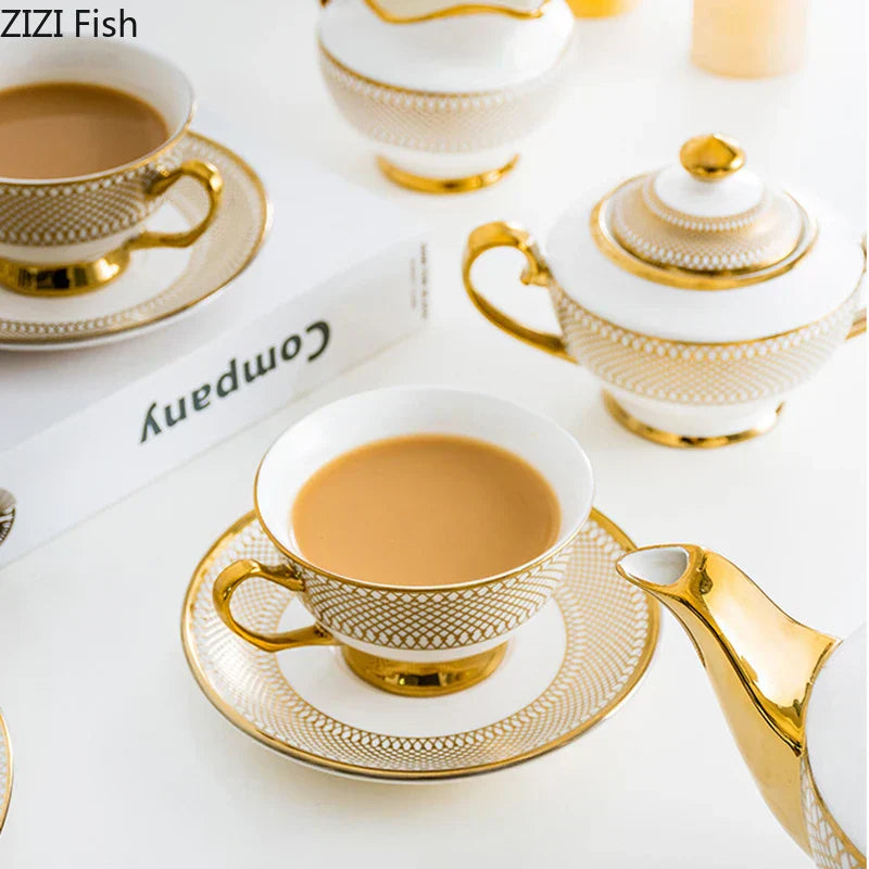 طقم شاي سيراميك ذهبي من DecorBites™ لطاولة الطعام، كوب قهوة، إبريق شاي، شاي بعد الظهر وحاوية مشروبات