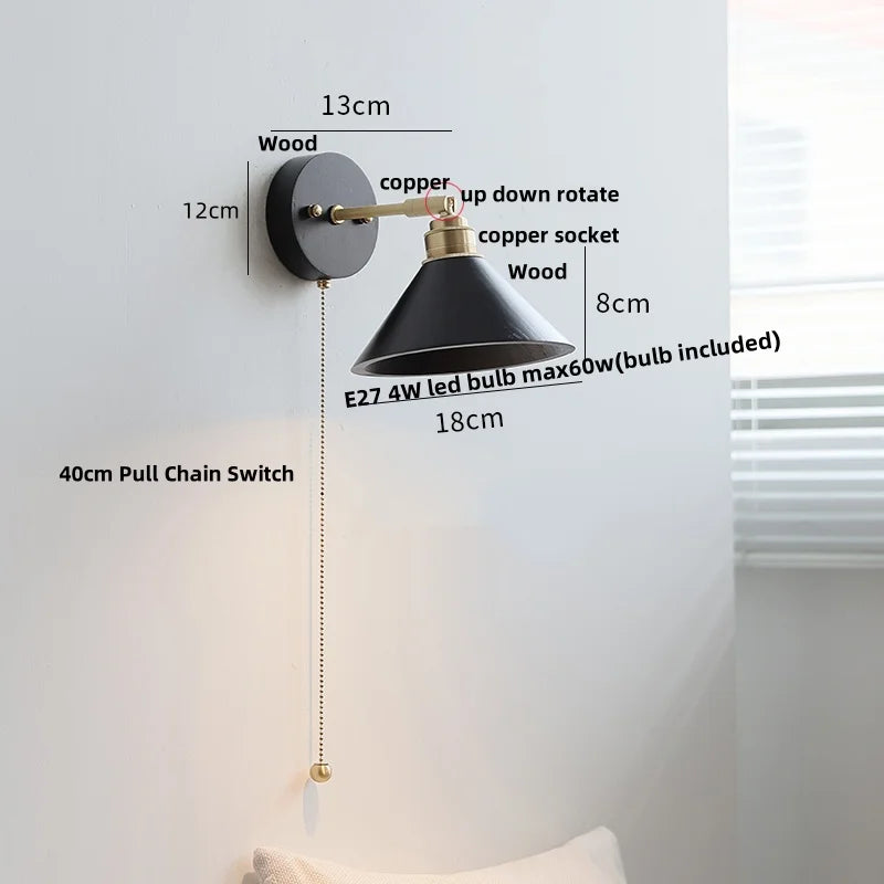DecorBites™ Black Wood LED Wall Light with Pull Chain Switch, Rotating Japanese Style Bedside Lamp