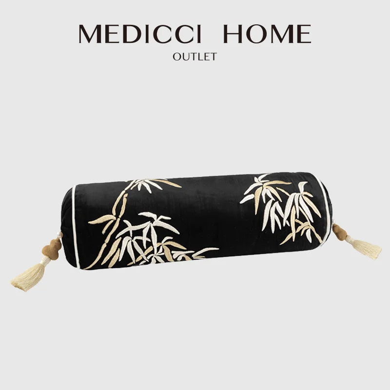 DecorBites™ Bamboo Leaves Embroidery Bolster Pillow Covers - 18x55cm